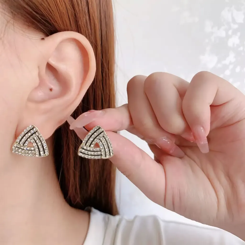 Premium Triangle Stud Earrings for Women Trendy Gold Alloy Earrings with Rhinestones Elegant Fashion Jewellery for Daily & Party Wear
