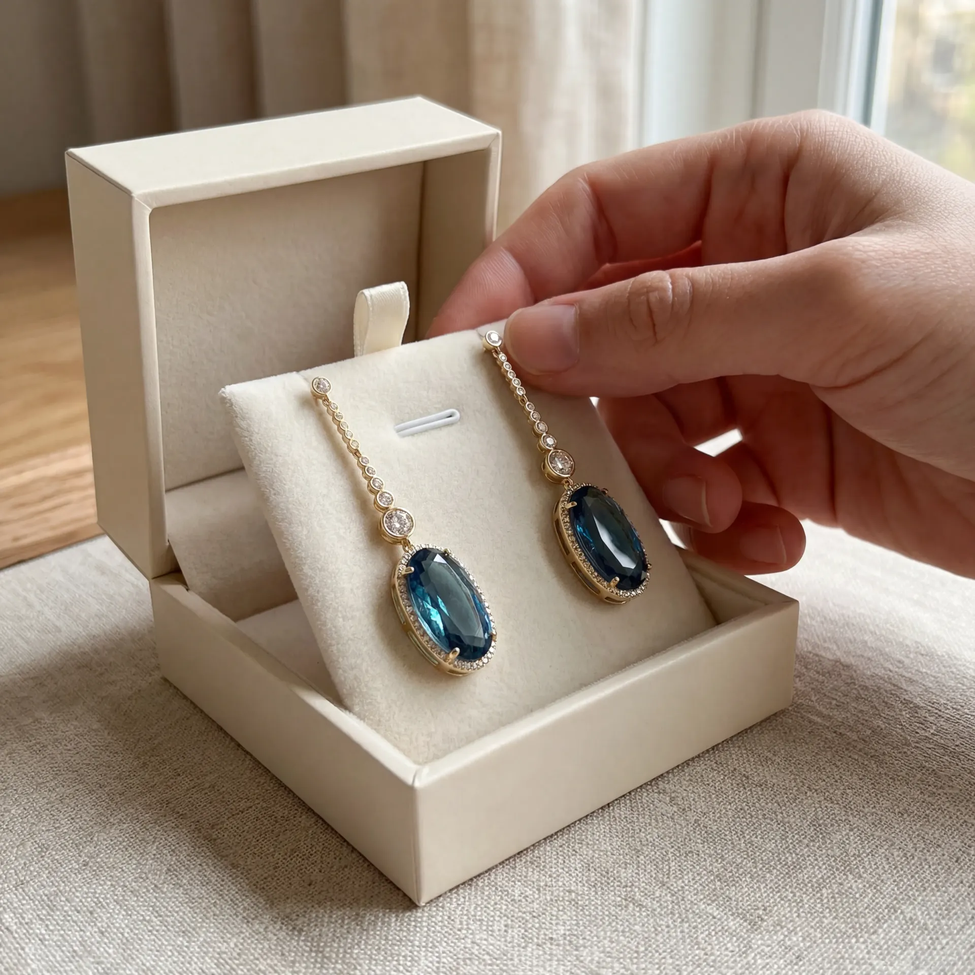 [EARR00001] Romantic Sky Blue Oval Cut Crystal Drop Earrings for Women | Long Handmade Gold & Silver Plated Pendant Earrings with White CZ Stones | Bridal Jewellery for Girls & Women