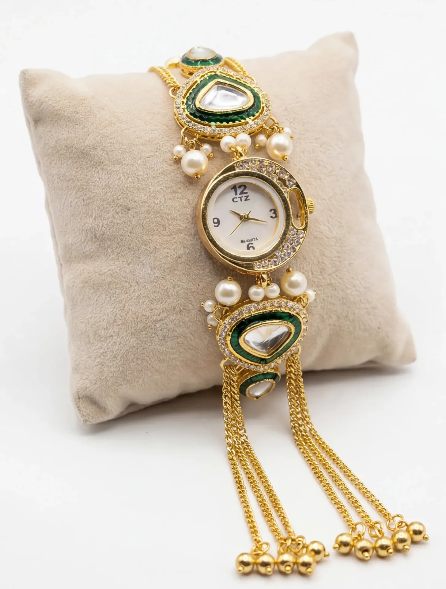 Royal Kundan Circle Watch for Women | Ethnic Bridal Timepiece with Pearl Drops, Meenakari Green Enamel & CZ Stones | Gold-Tone Quartz Watch | Festive & Wedding Jewellery Watch