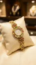 Royal Meenakari Bracelet Watch for Women | Ethnic Gold-Tone Jewellery Watch with Multi-Panel Floral Strap | Ruby Pink & Emerald Green Stones | Bridal & Festive Occasion Watch