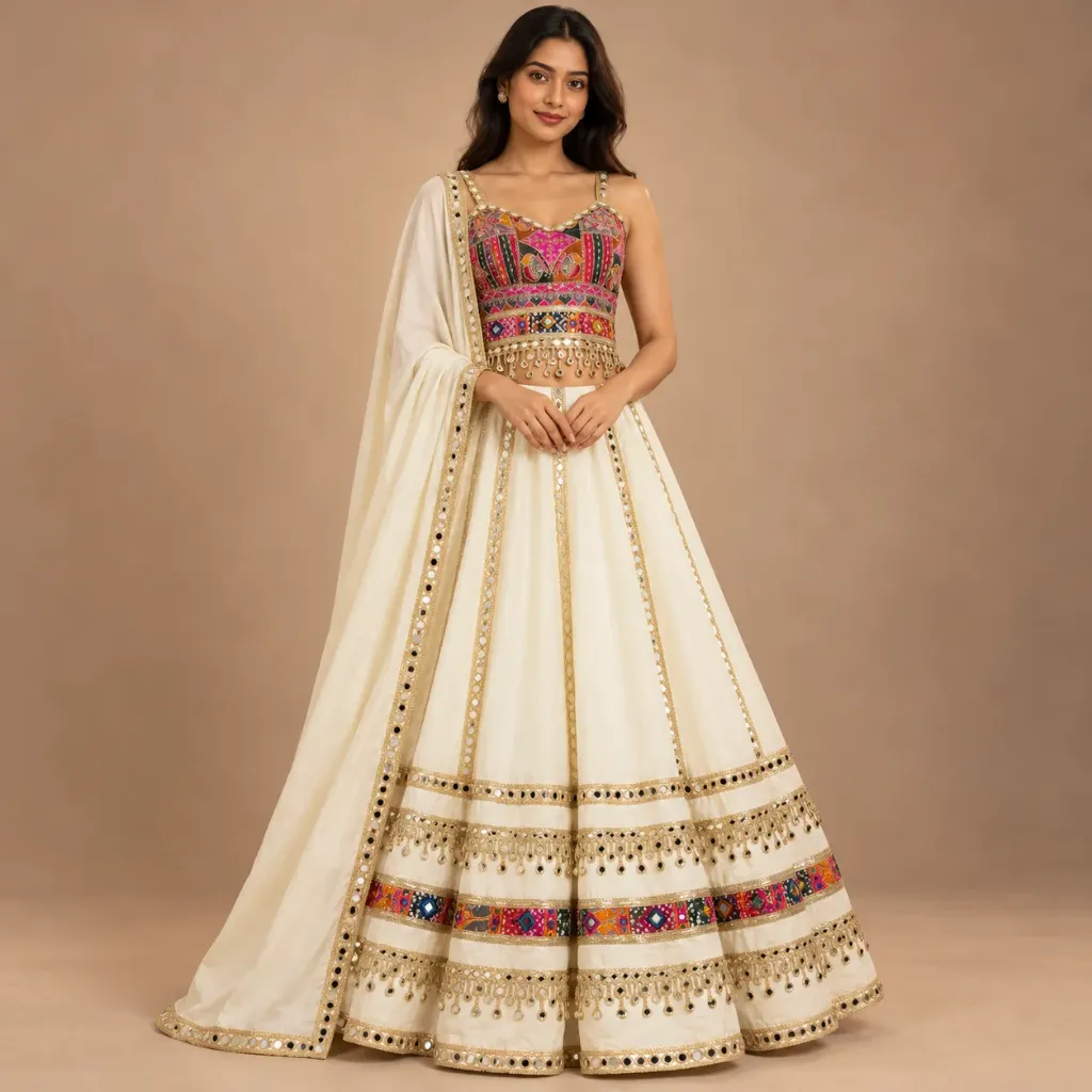 [LHNGGRB000003] Chandni — Ivory & Multicolour Mirror-Work Lehenga Set