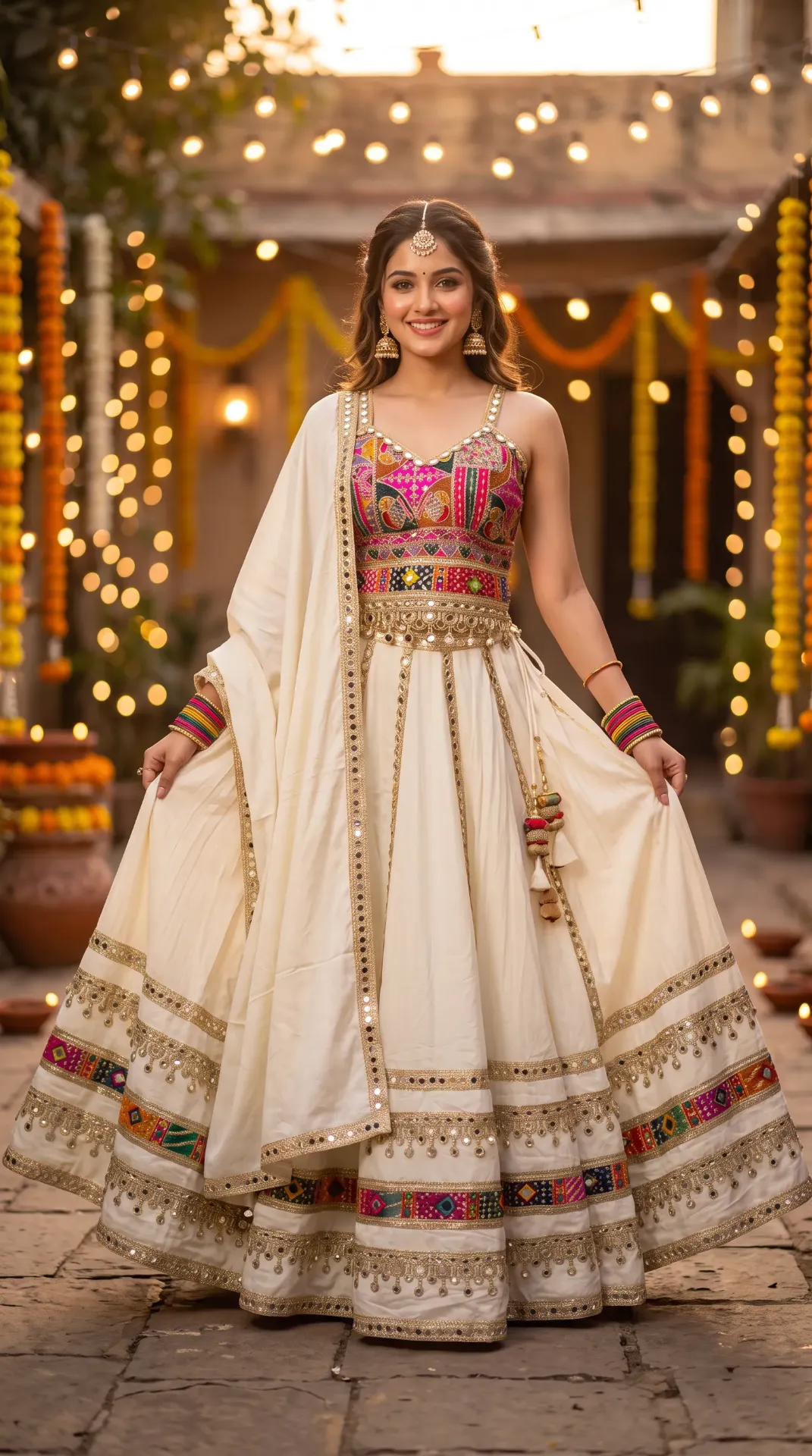 [LHNGGRB000003] Premium Ivory Multicolour Mirror Work Garba Lehenga Set