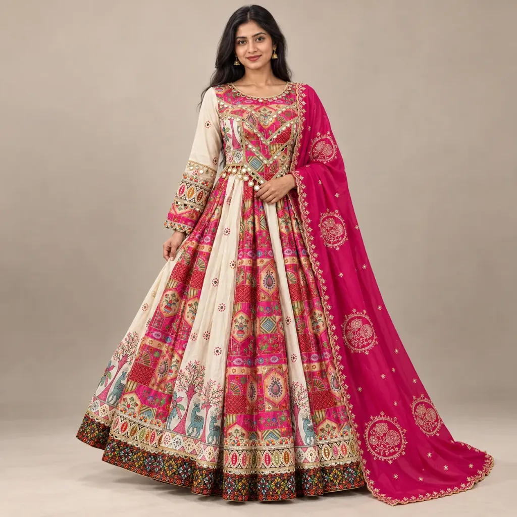 [LHNGGRB000005] Gulnaar — Pink & Ivory Printed Mirror-Work Lehenga Set