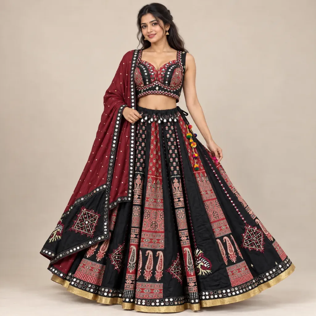 [LHNGGRB000006] Meher — Black & Brick-Red Printed Mirror-Work Lehenga Set