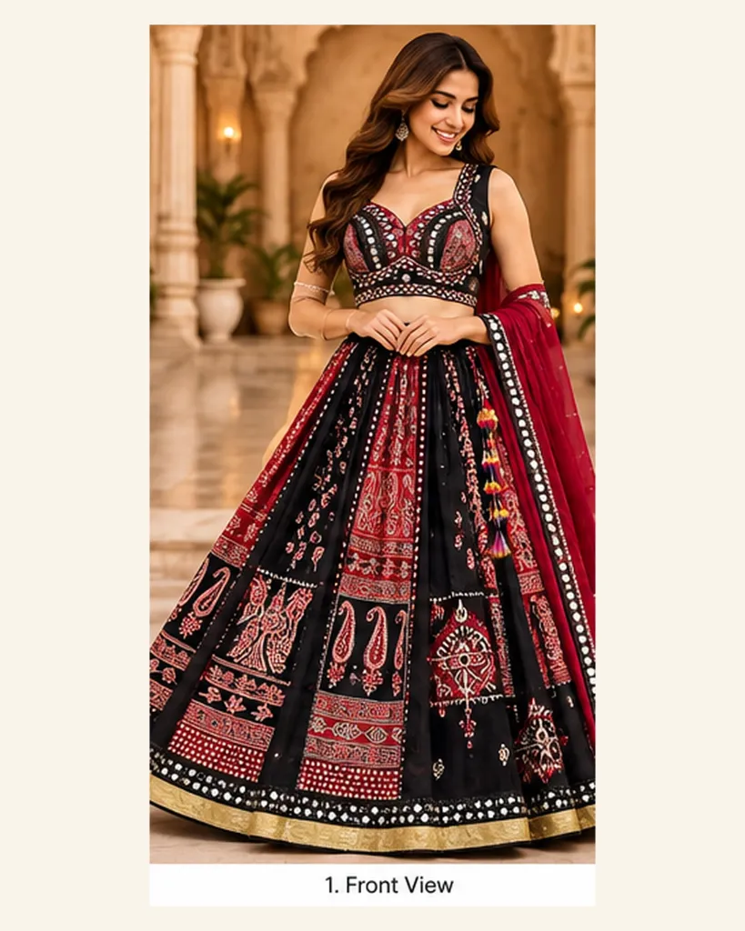 Premium Black & Maroon Ajrakh-Inspired Mirror Work Garba Lehenga Set