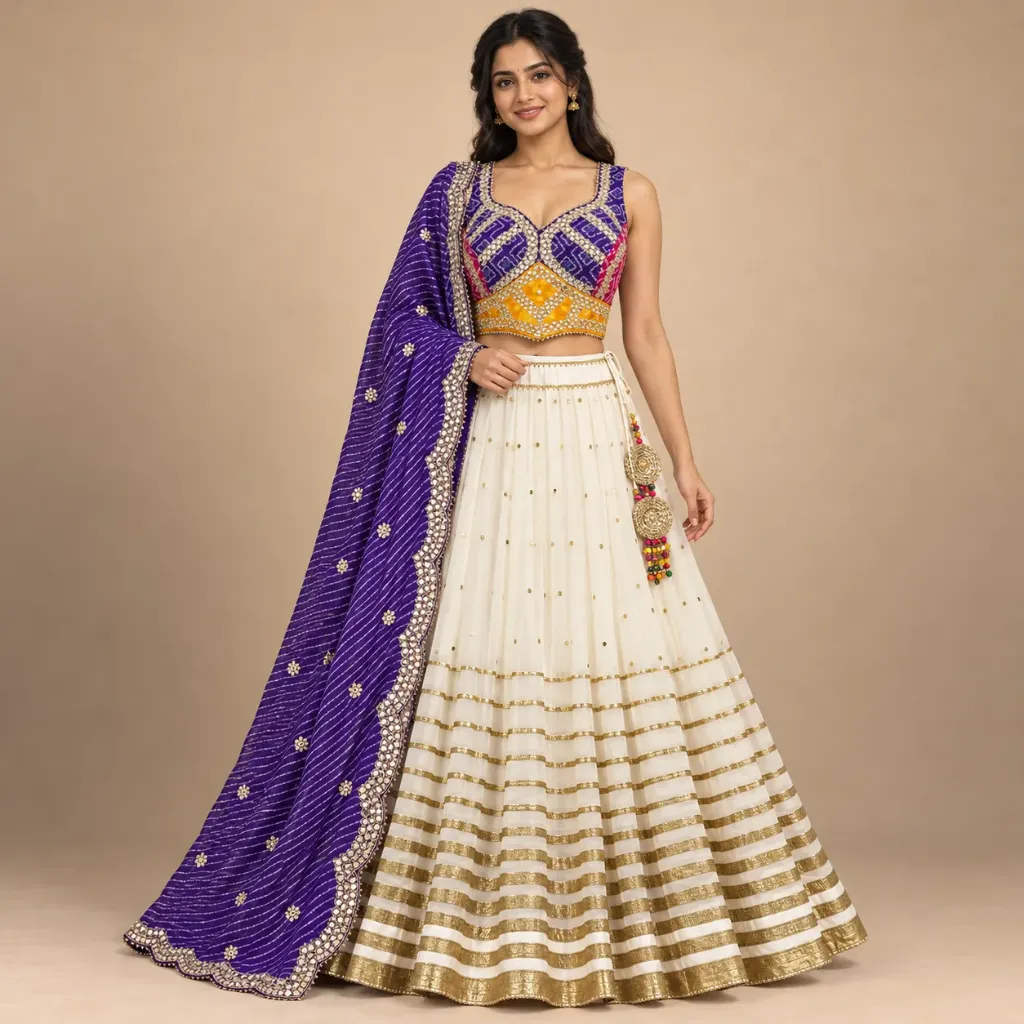 Aabha — Ivory & Purple Mirror-Work Lehenga Set