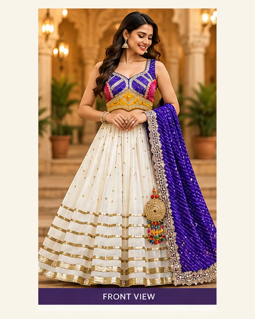 Premium White & Purple Mirror Work Garba Lehenga Set