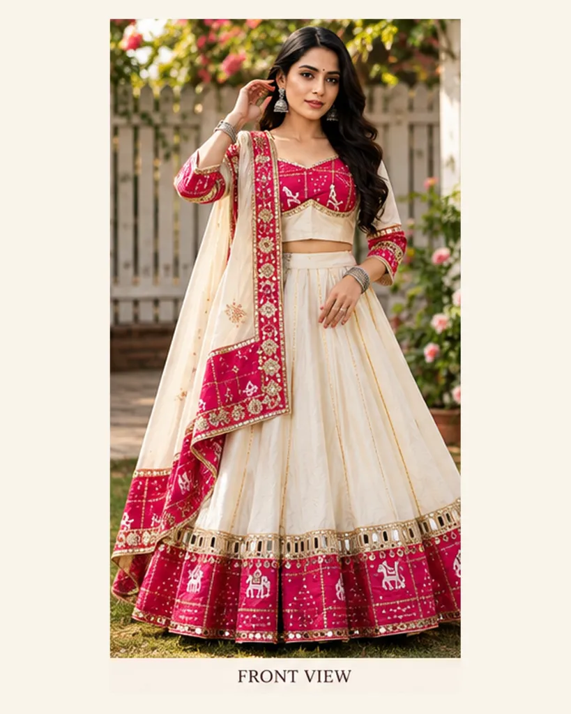 Premium Ivory & Rani Pink Elephant Motif Mirror Work Garba Lehenga Set