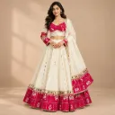Gulrang — Ivory & Fuchsia Folk-Motif Mirror-Trim Lehenga Set