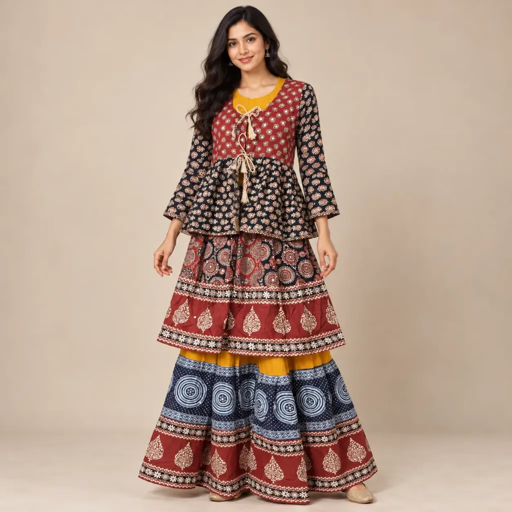 Rangrekha — Rust, Navy & Mustard Layered Mirror-Accent Lehenga Set