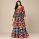 Rangrekha — Rust, Navy & Mustard Layered Mirror-Accent Lehenga Set