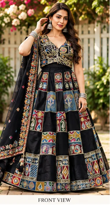 Black Multicolor Embroidered Patchwork Garba Lehenga Set