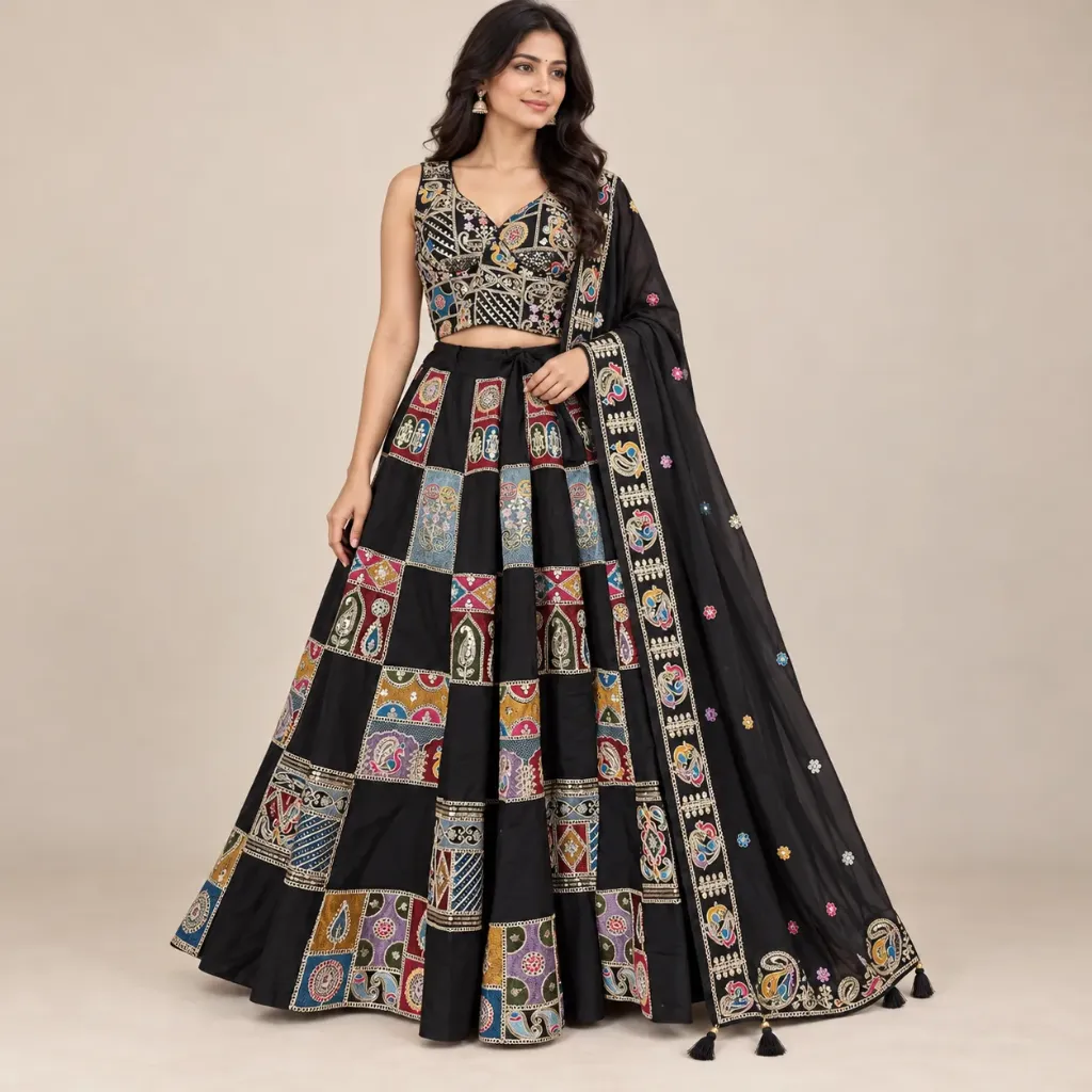 Mayurika — Black Multicolour Panel-Embroidered Lehenga Set