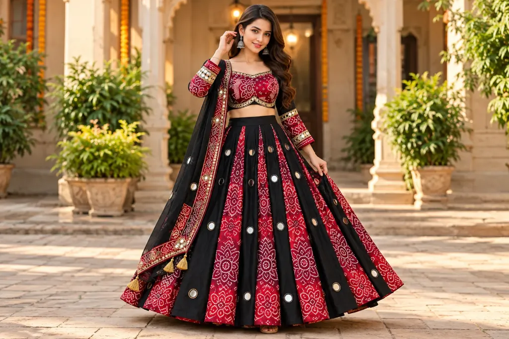 Black & Maroon Bandhani Mirror Work Lehenga Choli
