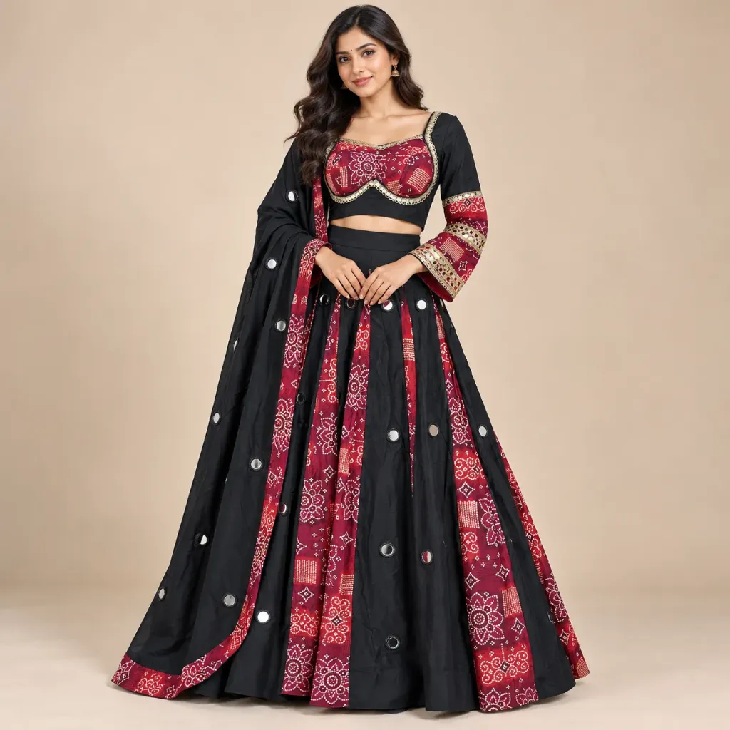 Rangbandh — Black & Maroon Bandhani-Pattern Mirror-Accent Lehenga Set