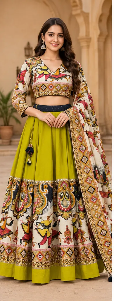Yellow Folk Art Printed Lehenga Set with Ivory Printed Blouse & Matching Dupatta