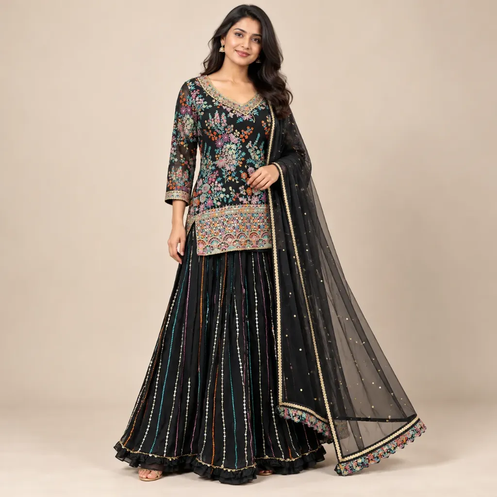 [LHNGGRB000020] Gulbahar — Black Floral-Embroidered Kurti Lehenga Set