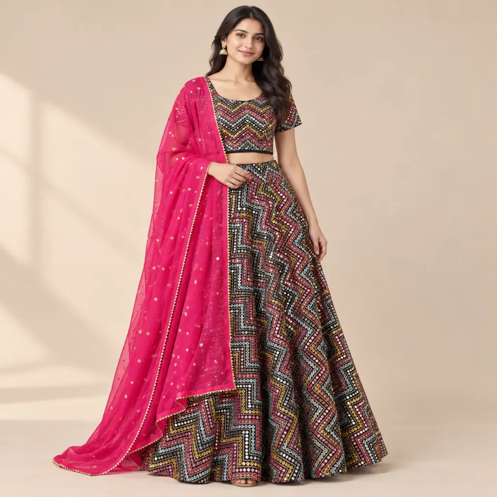 [LHNGGRB000021] Tarang — Black Multicolour Chevron Mirror-Accent Lehenga Set