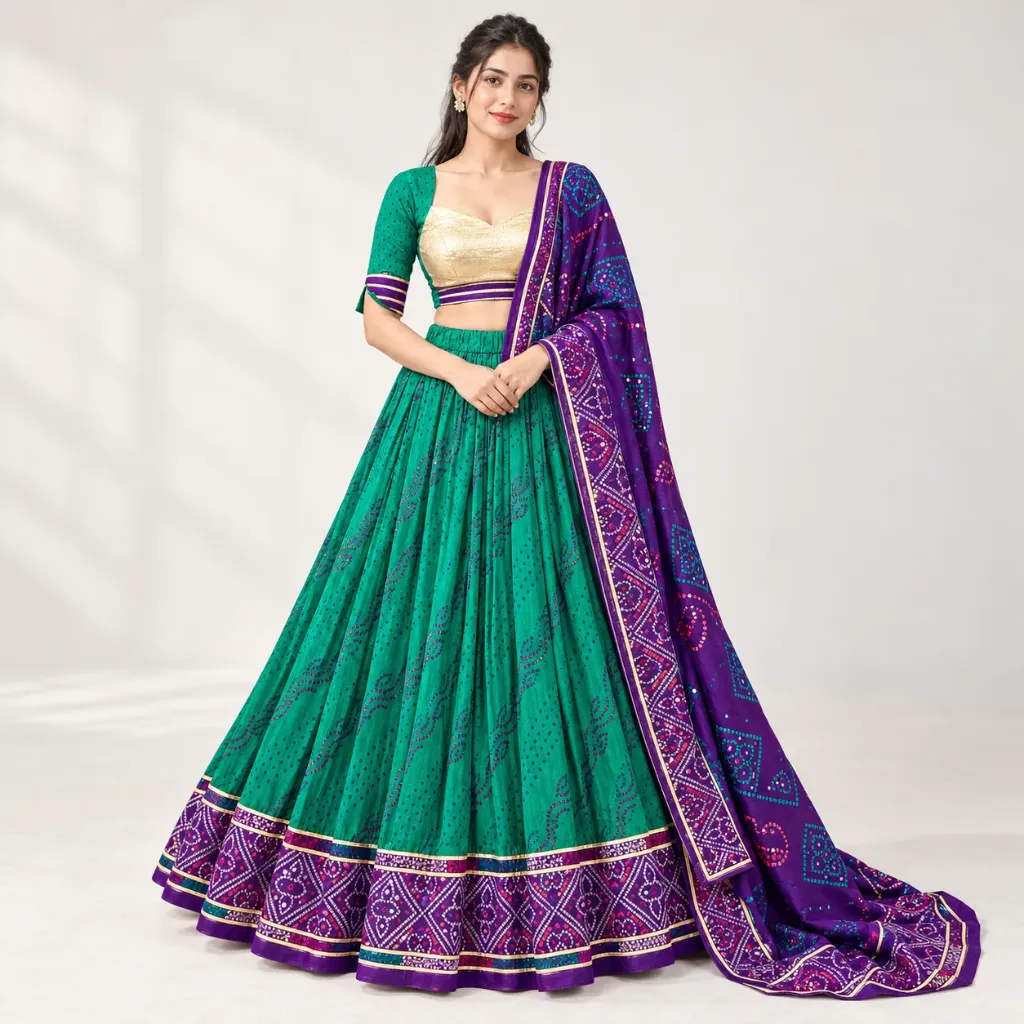 [LHNGGRB000025] Pannara — Emerald & Purple Patterned Gold-Panel Lehenga Set