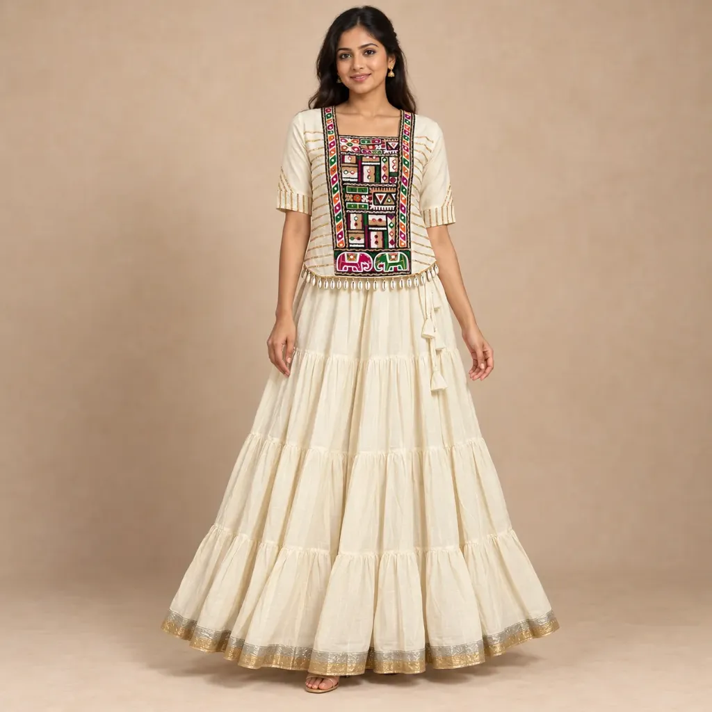 Shwet — Ivory Tiered Embroidered Lehenga Set